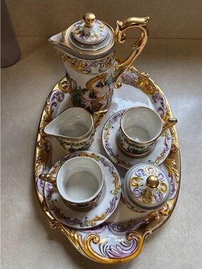 Vintage Elpa Alcobaca Cherubs Porcelain 2 Person Coffee/Tea Set W/Tray Portugal
